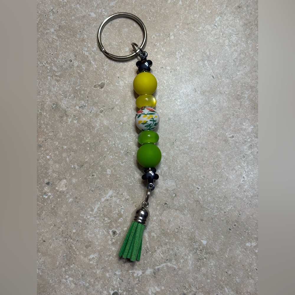Hand Crafted Yellow and Green Beaded Keychain with Tassel